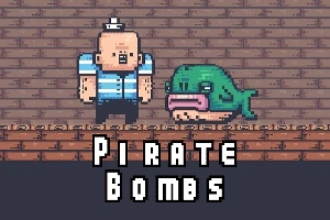 En pixelkunstscene med en skaldet mand i sømandstøj ved siden af en grøn fisk på en murstensvæg, med teksten Pirate Bombs nedenunder