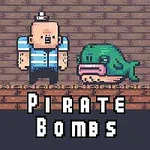 En pixelkunstscene med en skaldet mand i sømandstøj ved siden af en grøn fisk på en murstensvæg, med teksten Pirate Bombs nedenunder