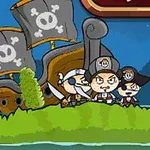 Tegneserieagtigt billede af pirater med et skib og sørøversymboler på flagene ved en græsbevokset ø