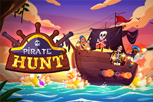 Et farverigt skib med pirater skyder kanonkugler i et livligt hav med en stor titeltekst Pirate Hunt i forgrunden