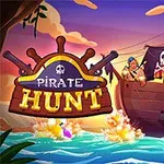 Et farverigt skib med pirater skyder kanonkugler i et livligt hav med en stor titeltekst Pirate Hunt i forgrunden