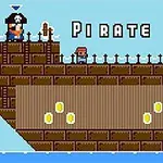 Pirattema med en pixelkunst-grafik, der viser et stort træskib med gule mønter og figurer iført piratkostumer