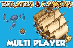 Illustration af et piratskib med sejl og kanoner i blå toner, omgivet af et søuhyre og en træflåde, med teksten Pirates & Cannons Multi Player øverst og nederst