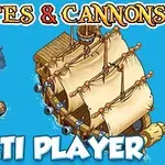 Illustration af et piratskib med sejl og kanoner i blå toner, omgivet af et søuhyre og en træflåde, med teksten Pirates & Cannons Multi Player øverst og nederst