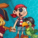 To børn klædt som pirater med træsværd og en papegøje mod en blå baggrund