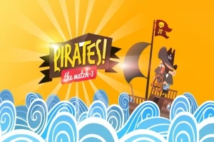 En tegneserieillustration af et piratskib med en pirat, omkranset af blå bølger og en solfyldt, gul baggrund, med tekst der siger Pirates!