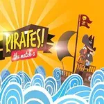 En tegneserieillustration af et piratskib med en pirat, omkranset af blå bølger og en solfyldt, gul baggrund, med tekst der siger Pirates!