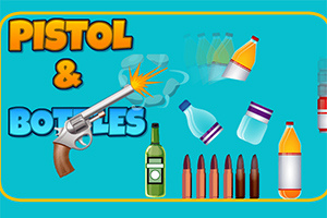 En illustration af en pistol, forskellige flasker og kugler med teksten Pistol & Bottles på en blå baggrund