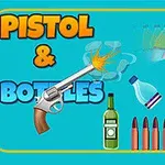 En illustration af en pistol, forskellige flasker og kugler med teksten Pistol & Bottles på en blå baggrund