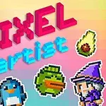 Farverige pixelkunst-figurer, herunder en ridder, pingvin, hund, fugl, avocado og troldmand, med teksten PIXEL artist på en regnbuegradient baggrund