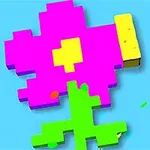En pixeleret blomst med lyserøde blade, en gul midte og grøn stilk på en lyseblå baggrund