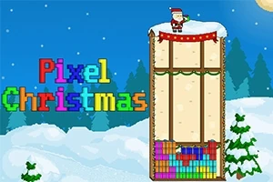 Julemanden står oven på en sneklædt bygning ved siden af farvestrålende blokke, og ordene Pixel Christmas er vist i pixeltekst mod en snedækket baggrund