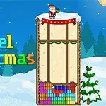 Julemanden står oven på en sneklædt bygning ved siden af farvestrålende blokke, og ordene Pixel Christmas er vist i pixeltekst mod en snedækket baggrund