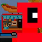 En pixelkunstfigur i rødt står foran en hotdogvogn og en bygning med markiser