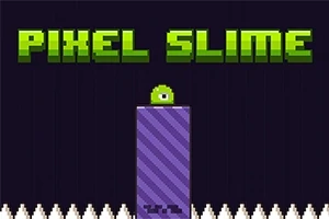 Billedet viser en grøn, enøjet slimet figur oven på en lilla søjle med tekst PIXEL SLIME i grønne bogstaver over mørk baggrund
