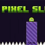 Billedet viser en grøn, enøjet slimet figur oven på en lilla søjle med tekst PIXEL SLIME i grønne bogstaver over mørk baggrund