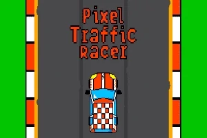 En pixelkunstbil med ternet tag kører på en grå vej med teksten Pixel Traffic Racer øverst og farverige kanter i orange og hvid