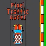 En pixelkunstbil med ternet tag kører på en grå vej med teksten Pixel Traffic Racer øverst og farverige kanter i orange og hvid