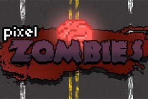 Pixelkunst med ordet Zombies i lilla tekst over en mørk vej med gule linjer og en rød baggrund