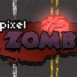 Pixelkunst med ordet Zombies i lilla tekst over en mørk vej med gule linjer og en rød baggrund