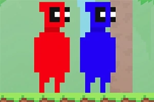 To pixelart-figurer i rød og blå står side om side på en grøn platform med en træstamme i baggrunden