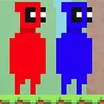 To pixelart-figurer i rød og blå står side om side på en grøn platform med en træstamme i baggrunden