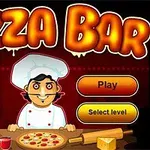 En tegneseriekok iført en hvid kokkehue står foran en pizza, omgivet af knapperne Tutorial, Play og Select level mod en sort og rød baggrund med teksten Pizza Bar øverst