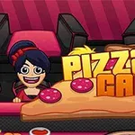 Tegneseriefigurer sidder i en café med et stort stykke pizza og teksten Pizza Cafe foran dem