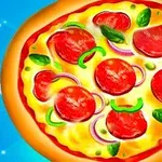 En farverig pizza med pepperoni, grønne peberstrimler, rødløg og basilikumblade mod en blå baggrund