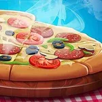 Dampende pizza på et træfad med toppings som tomater, oliven, peberfrugt, og salami, lagt på en rødternet dug med blå baggrund