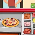 En pizza med forskellige toppings ved siden af ingrediensbakker, og en person i baggrunden