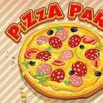 En tegning af en pizza med forskellige toppings som pepperoni, tomat, oliven og basilikum, med teksten Pizza Party ovenfor
