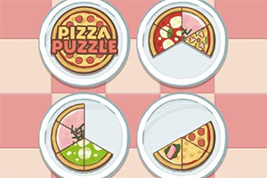 Fire pizzaer på tallerkener, hvoraf tre er delvist spist, og den fjerde har teksten Pizza Puzzle