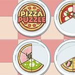 Fire pizzaer på tallerkener, hvoraf tre er delvist spist, og den fjerde har teksten Pizza Puzzle