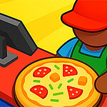 En tegneseriefigur iført rød kasket og blå trøje står bag en disk med en pizza og en bunke pengesedler