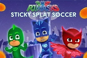 Tre animerede figurer i farverige superhelte-kostumer foran en bysilhuet med teksten Sticky Splat Soccer øverst