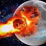 En planet, der eksploderer efter at være blevet ramt af en ildkugle, omgivet af mindre rumsten, mod en stjernespættet himmel