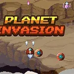 Pixelgrafik af et rumskib og fjender i en ørkenlignende kløft med teksten Planet Invasion i lyse farver