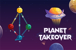 Farverigt rumskib og planeter i et geometrisk mønster med teksten Planet Takeover