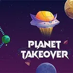 Farverigt rumskib og planeter i et geometrisk mønster med teksten Planet Takeover