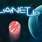 To planeter i rummet omringer en lysende, rød cylinder med teksten Planet Up skrevet ovenfor