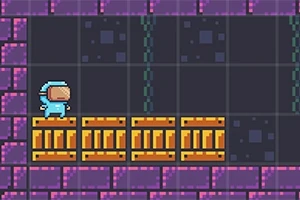 En pixelart karakter med rumdragt står på trækasser i en platformer-verden med lilla mursten