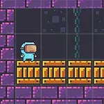 En pixelart karakter med rumdragt står på trækasser i en platformer-verden med lilla mursten