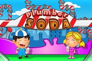 To børn drikker sodavand foran et farverigt røranlæg med teksten Plumber Soda