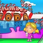 To børn drikker sodavand foran et farverigt røranlæg med teksten Plumber Soda