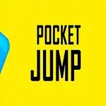 Blå, smilende firkantet figur med ansigt på gul baggrund ved siden af teksten Pocket Jump