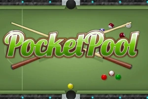Teksten Pocket Pool er placeret over et grønt billiardbord med billardkugler og to billiardkøer i baggrunden