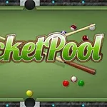 Teksten Pocket Pool er placeret over et grønt billiardbord med billardkugler og to billiardkøer i baggrunden