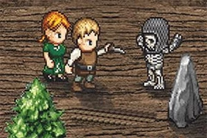 To pixelkarakterer konfronterer et skelet ved siden af en klippe og et træ