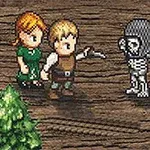 To pixelkarakterer konfronterer et skelet ved siden af en klippe og et træ